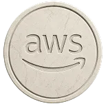 Round beige coin with embossed AWS logo and Amazon arrow smile on front.