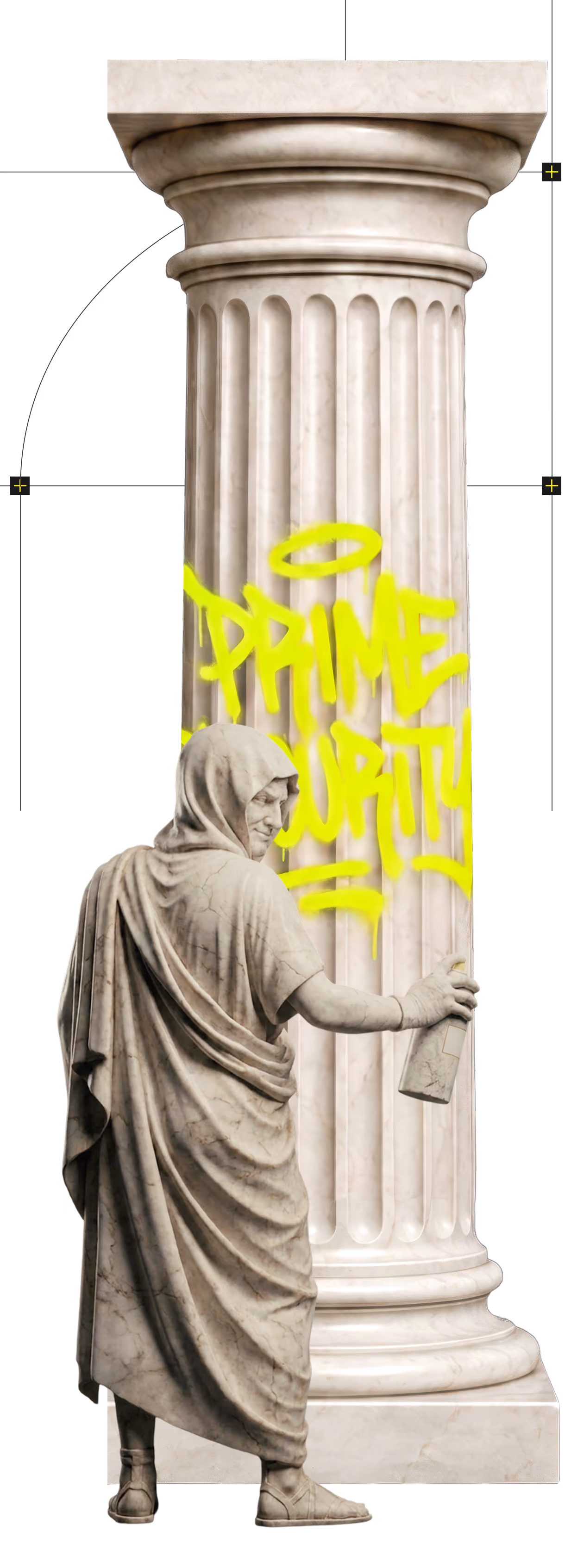 Marble statue in classical robes spray-painting yellow graffiti on a marble column.