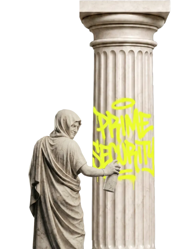 Marble statue with hood spray painting bright yellow graffiti on a fluted column.