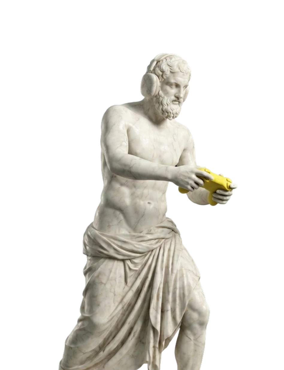 Classical marble statue wearing modern headphones and holding a yellow game controller.