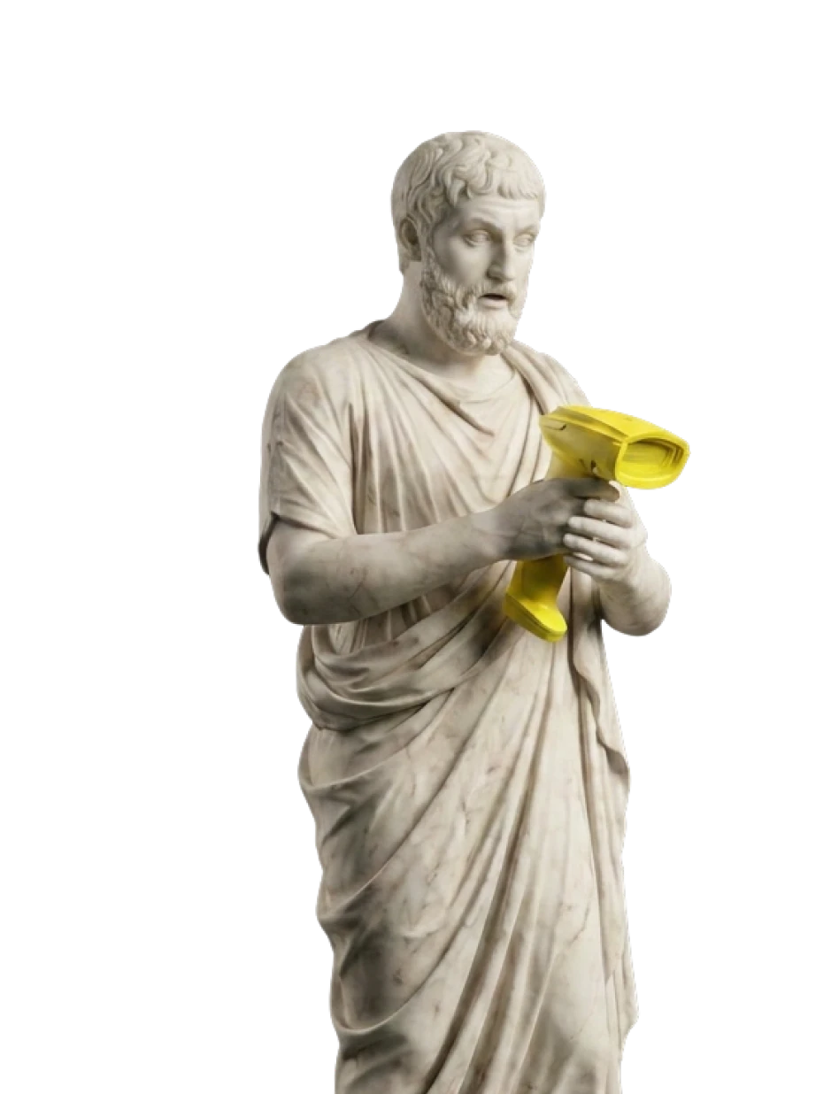 Ancient marble statue holding a modern yellow barcode scanner with a focused expression.