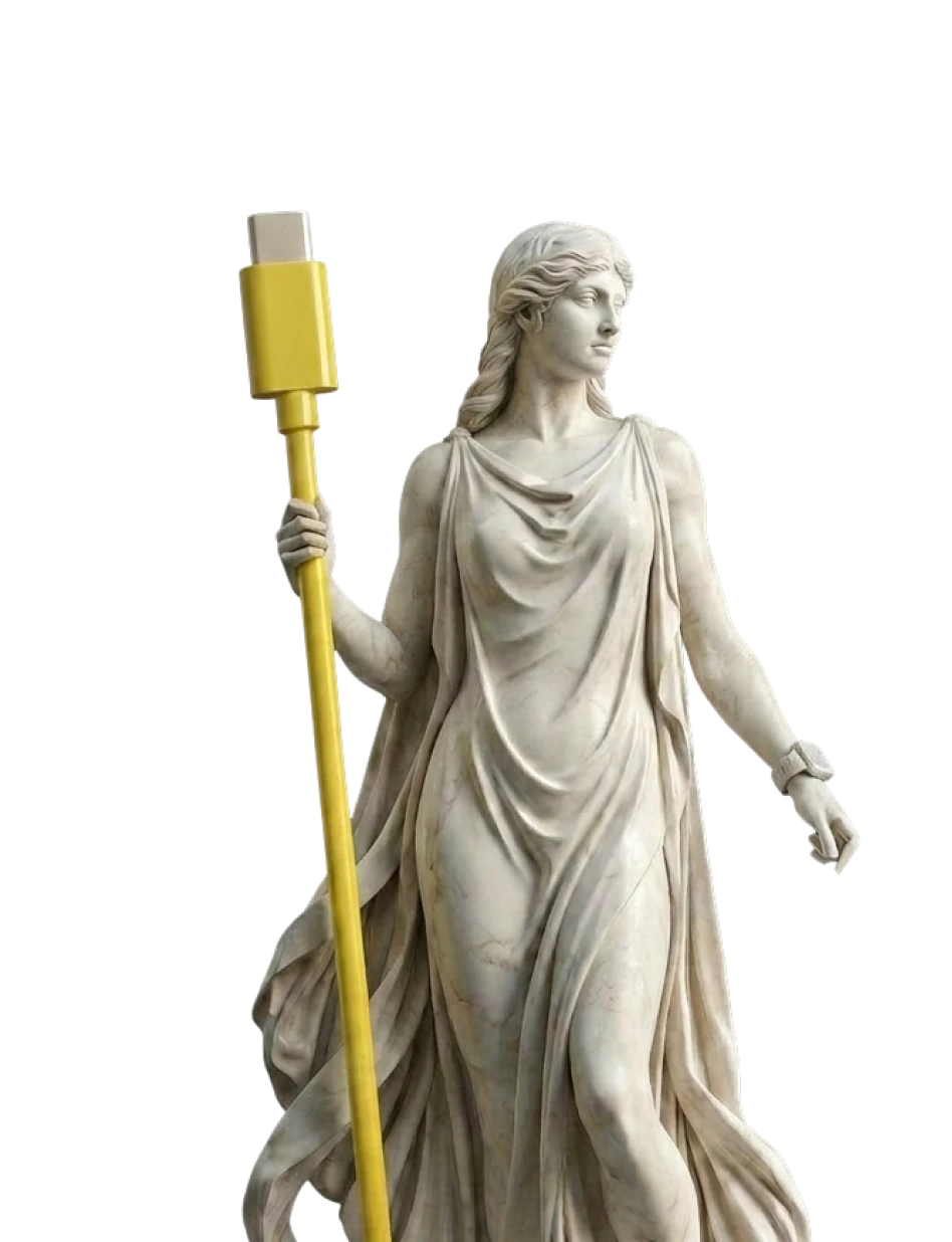 Classical statue of a woman holding a large yellow USB-C cable as a staff.