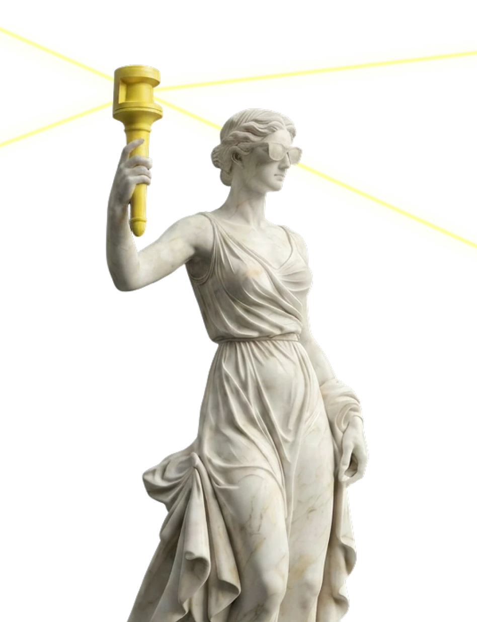 Marble statue of a classical woman wearing sunglasses holding a bright yellow torch with beams.