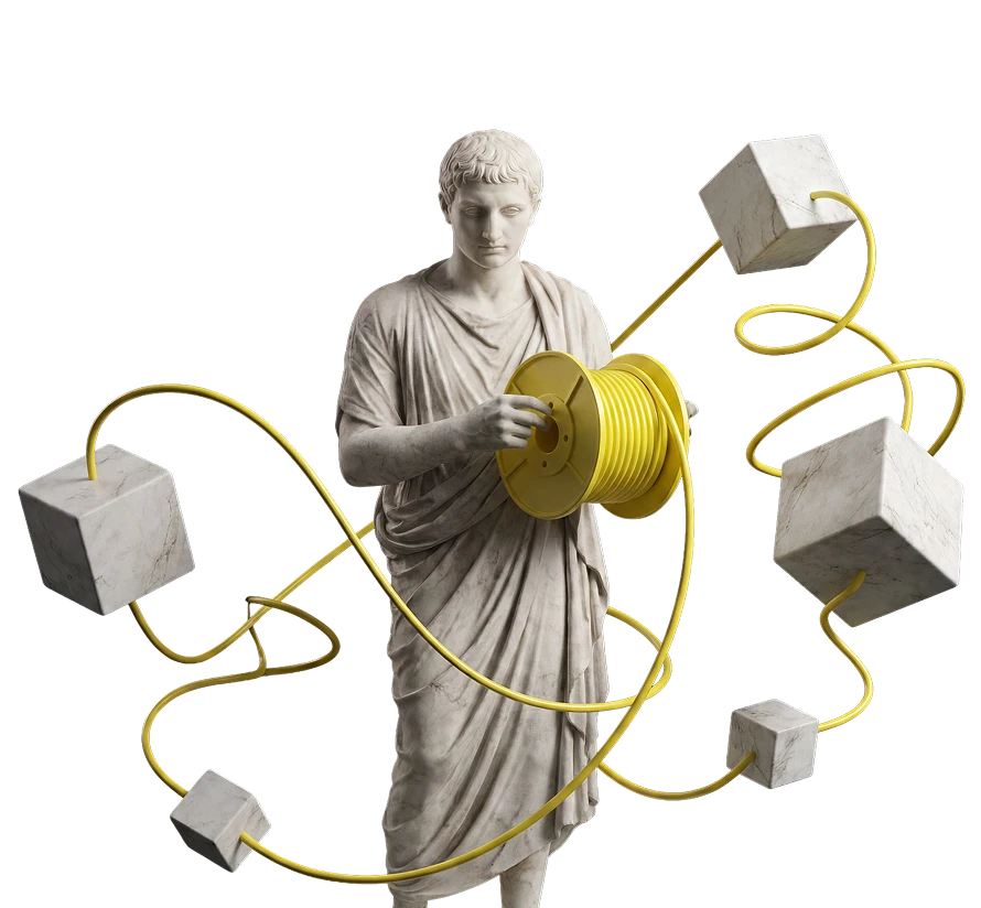 Classical statue holding a yellow cable spool with yellow cable looping through marble cubes.